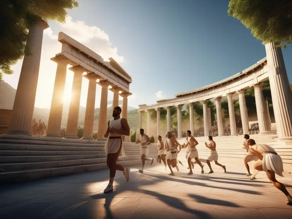 Atletas griegos en estadio antiguo preparándose para carrera: Historia de los deportes de carreras en la Antigua Grecia