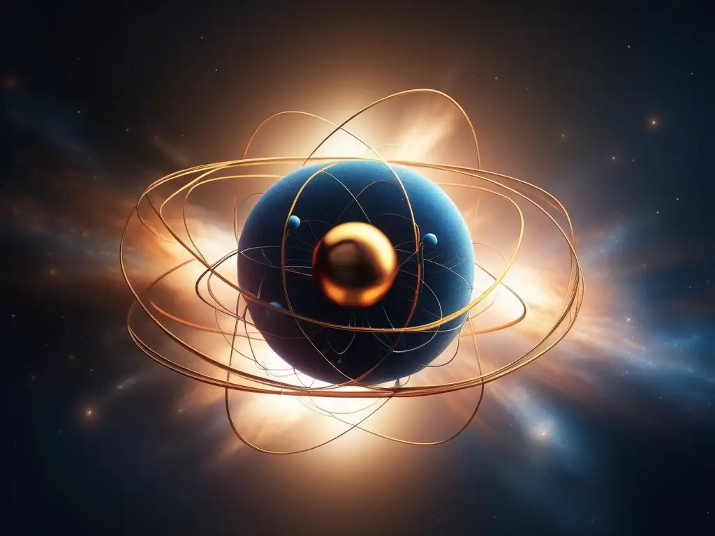 Atomismo: Imagen detallada en 8k de un átomo en el espacio, mostrando su estructura y filosofía presocrática: Demócrito y atomismo