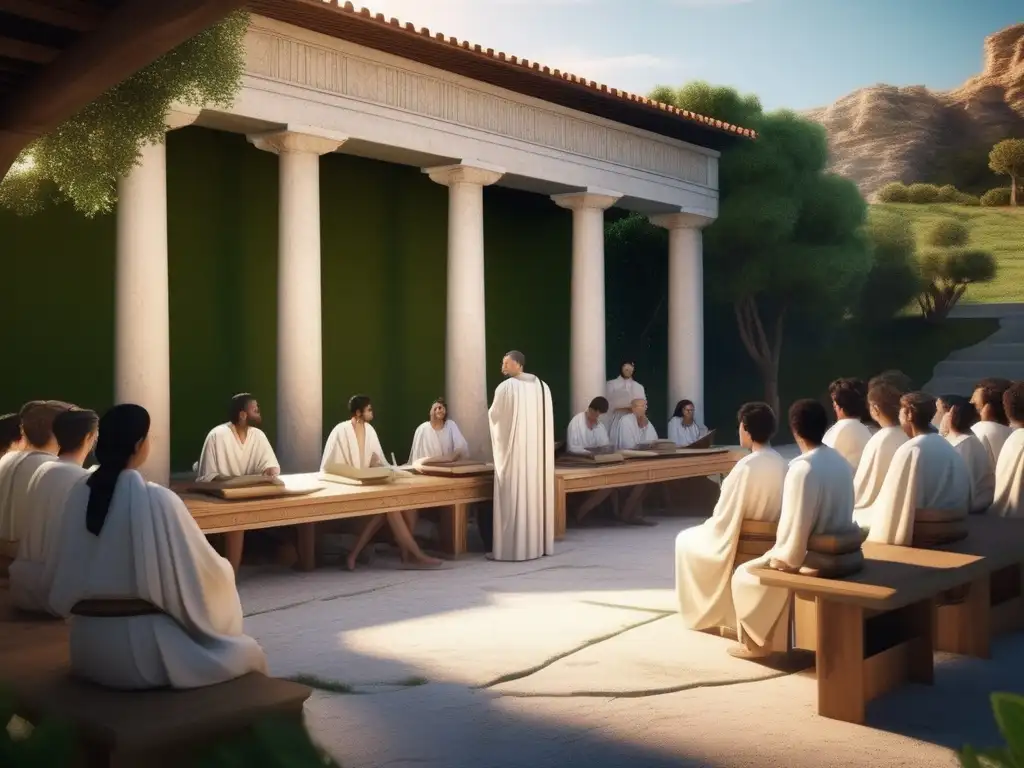 Didáctica práctica en la Antigua Grecia: aula verde con columnas de mármol, profesor y estudiantes debatiendo filosofía