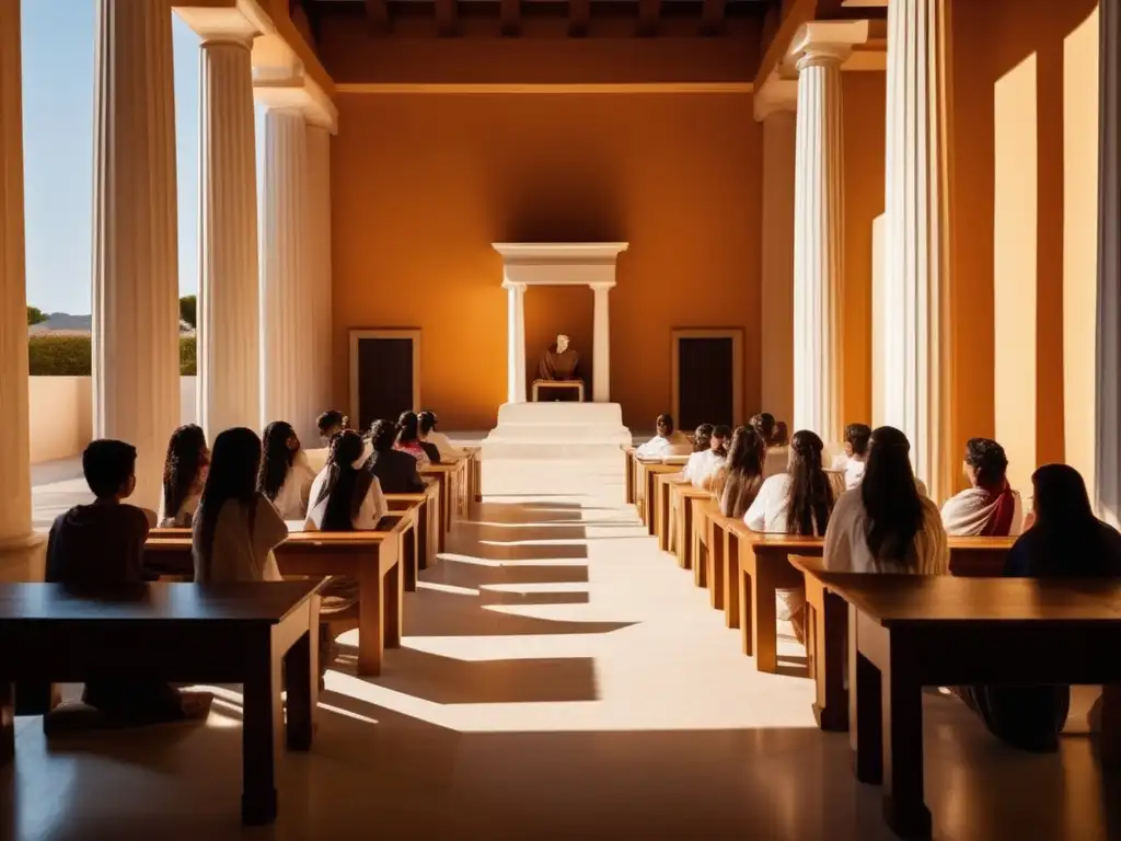 Impacto de la Paideia en la educación griega: aula griega antigua con maestro y estudiantes atentos