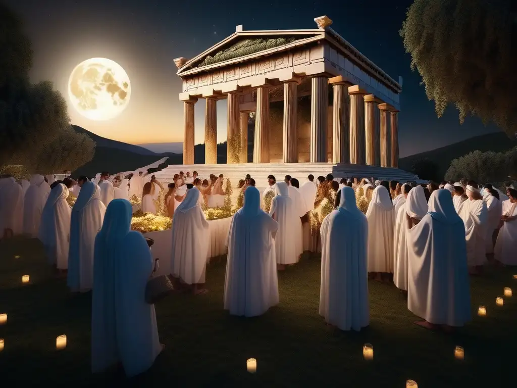 Culto a Baco en Grecia: Celebración nocturna en un viñedo con templo iluminado y revellers en Grecia antigua