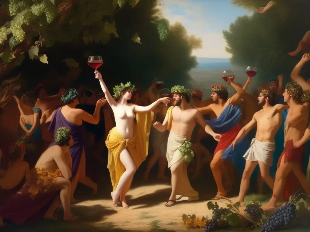 Bacanales en la Antigua Grecia: Celebración vibrante y detallada de adoradores de Dionisio en un bosque soleado, con músicos y seres mitológicos