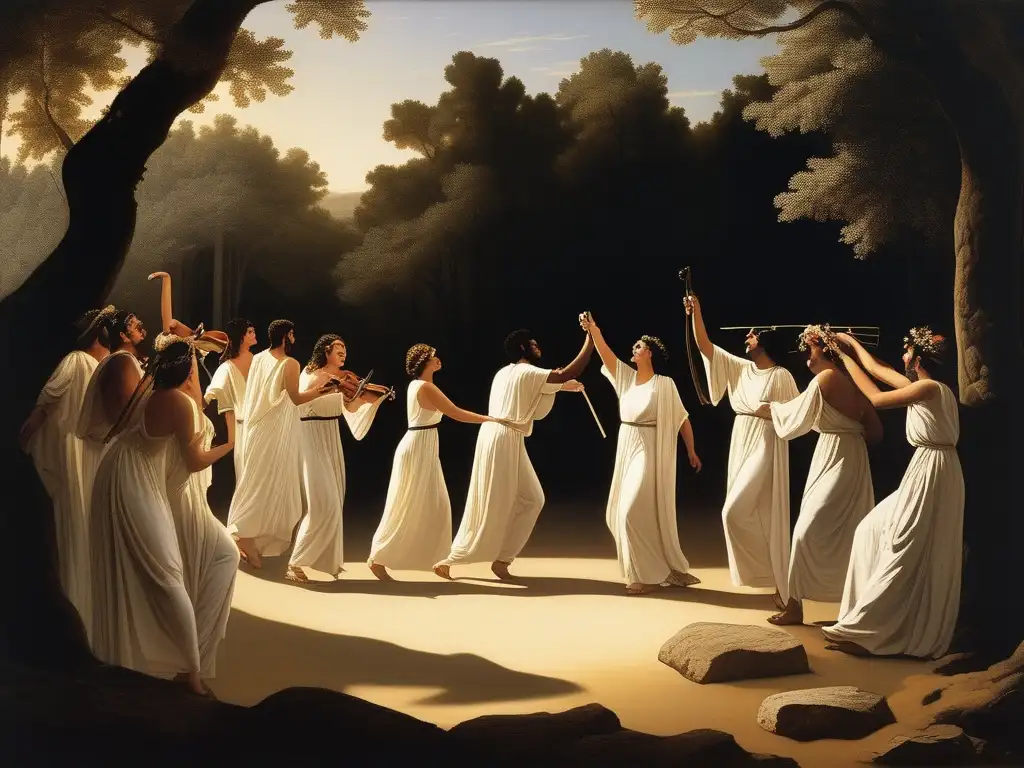 Bacanales en la Antigua Grecia: escena festiva y controvertida de hombres y mujeres vestidos con túnicas blancas, celebrando con música, baile y vino