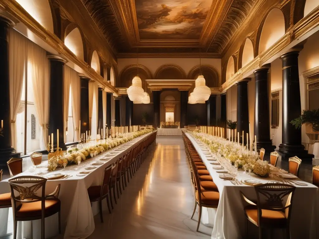 Hospitalidad en banquetes de la Antigua Grecia: majestuosa sala de banquetes con frescos, comida deliciosa y conversaciones animadas