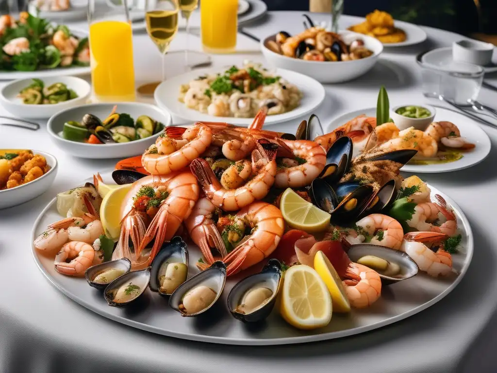 Beneficios mariscos dieta griega: mesa banquetes griegos con platos mariscos coloridos y apetitosos, delicados tentáculos de pulpo a la parrilla, camarones y mejillones suculentos, sopa de mariscos fragante