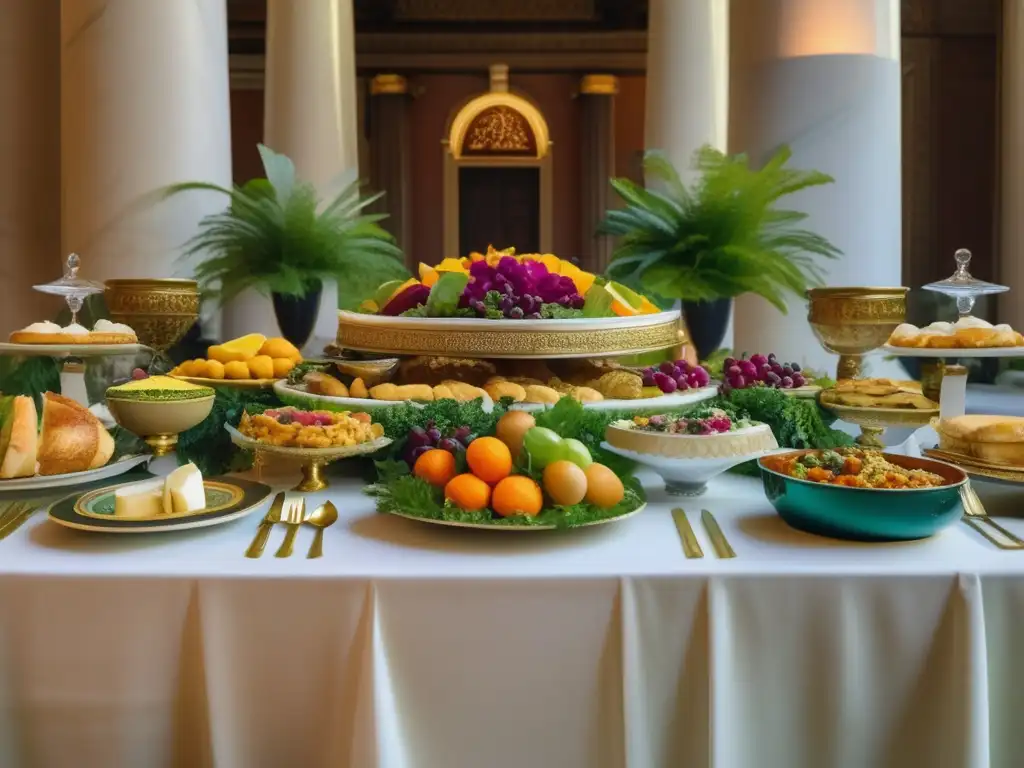 Tradiciones culinarias en fiestas dionisíacas: banquete detallado con platos tradicionales, opulenta ambientación inspirada en la antigua Grecia