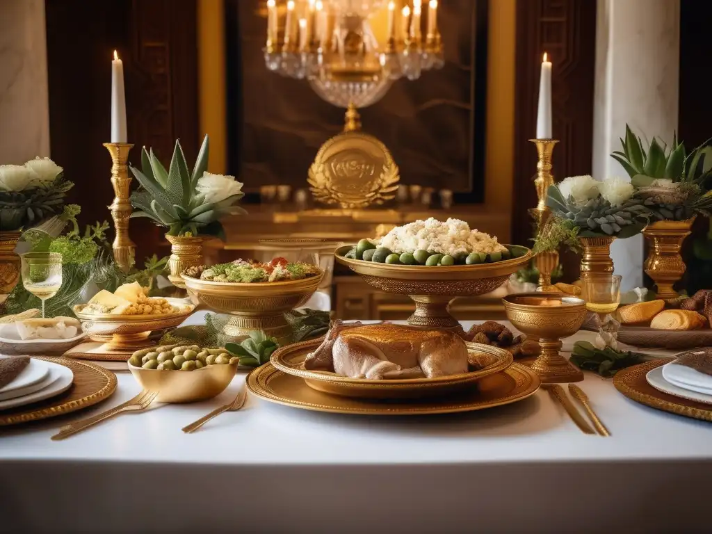 Mesa de festín en la antigua Grecia con platos dorados, estatua de Zeus, comida griega auténtica y patrones griegos