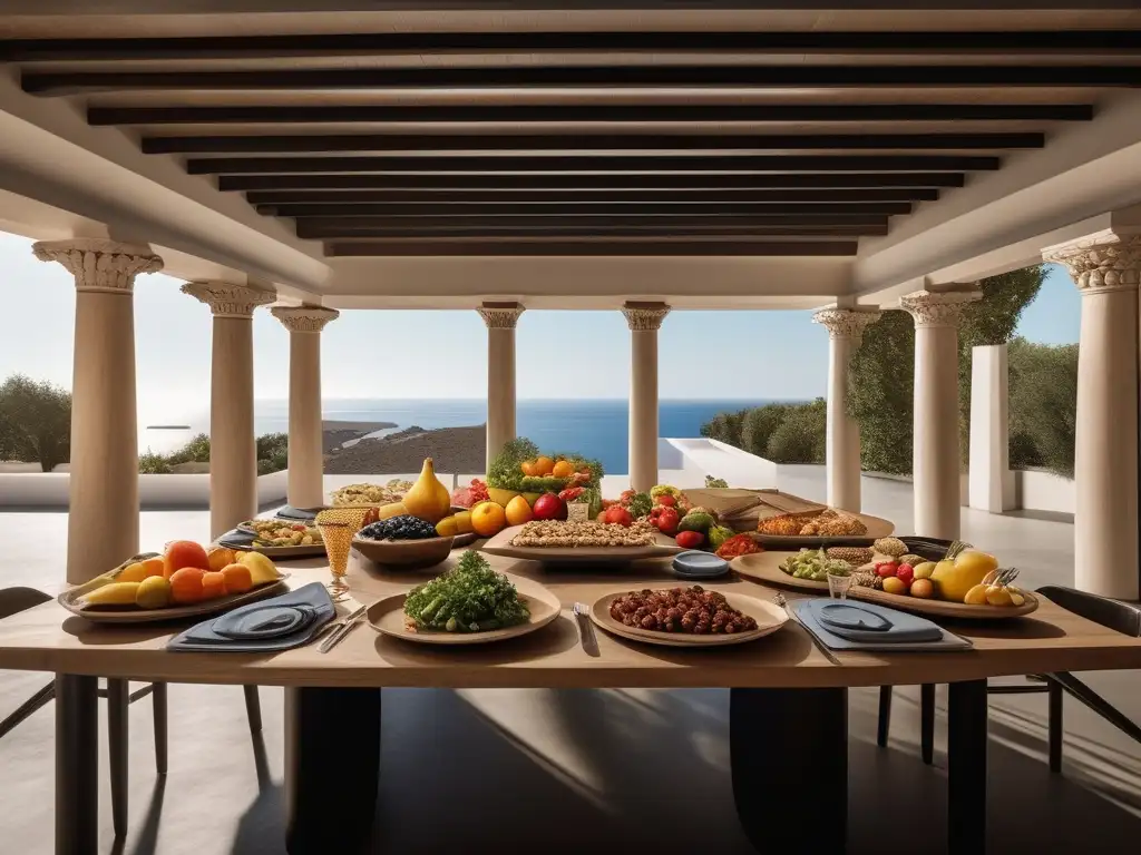 Dieta saludable en la Antigua Grecia: Banquete griego con comida vibrante, abundante y rodeado de columnas griegas