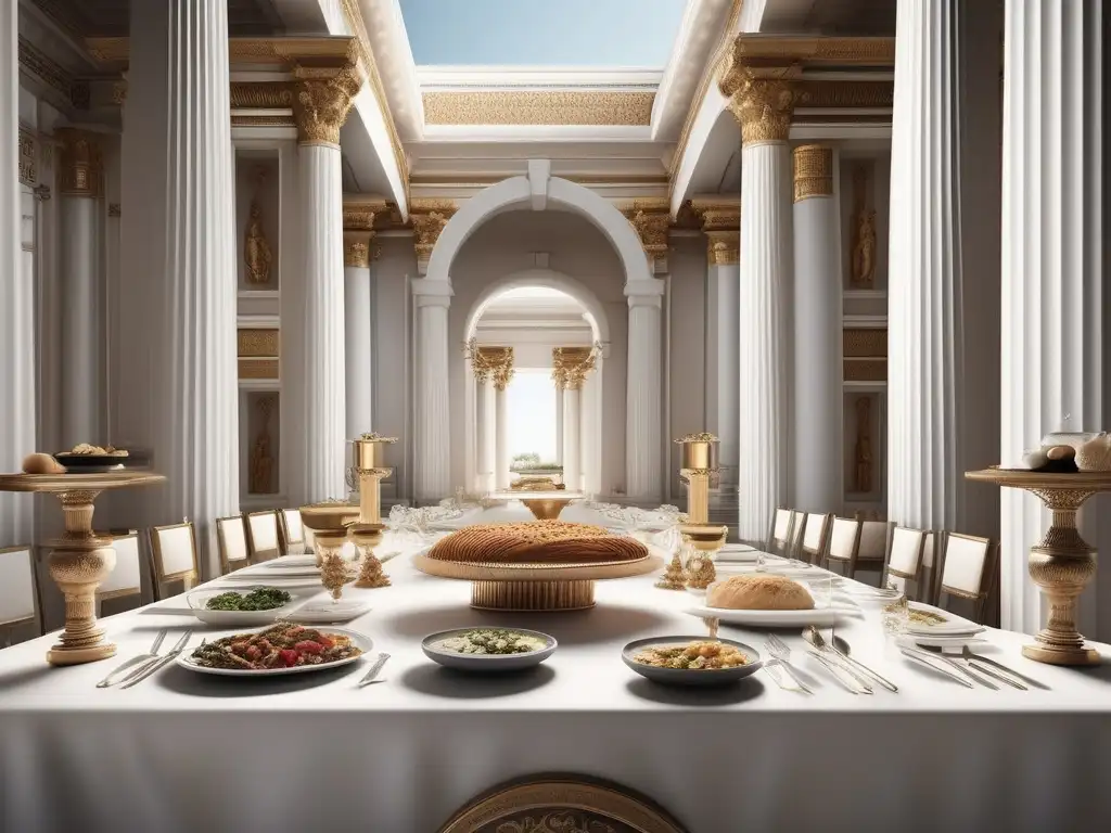 Importancia de la comida en la Grecia Clásica: Banquete griego con platos exquisitos y detalles arquitectónicos