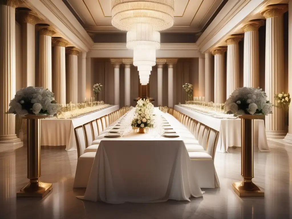 Hospitalidad banquetes Antigua Grecia: elegante salón, mesas blancas, vajilla plateada, flores doradas, luz cálida, invitados en túnicas blancas