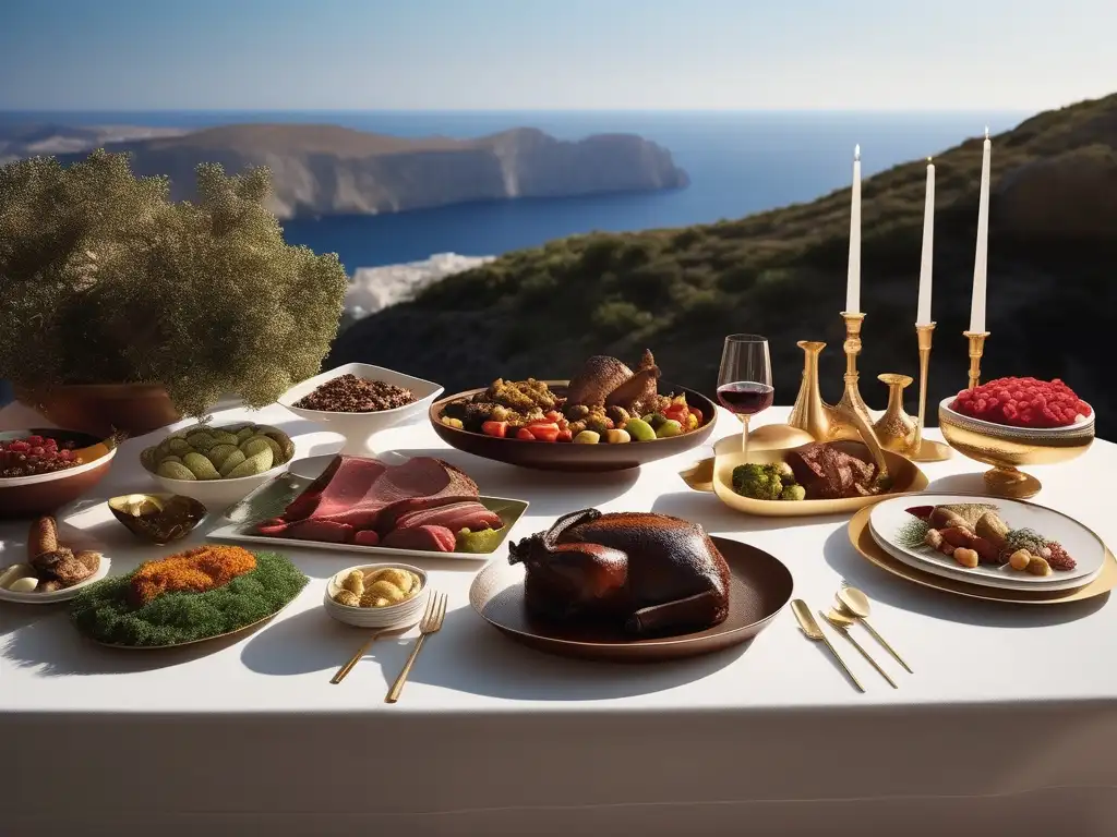 Comida olímpica en la Antigua Grecia: mesa de banquetes griega con platos diversos, vino y decoración elegante