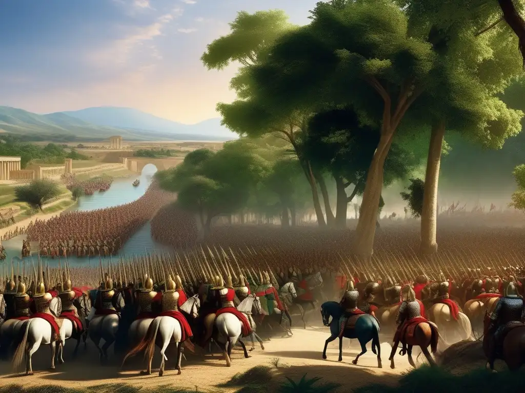 Batalla Río Hidaspes: Ejércitos de Alejandro Magno y Rey Porus en vibrante imagen histórica
