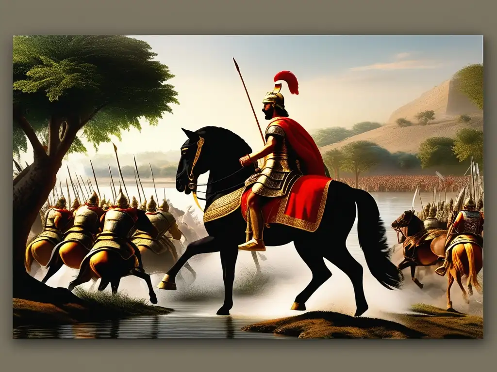 Batalla Río Hidaspes: Alexander el Grande lidera ejército contra el rey Porus en una imagen realista y minimalista