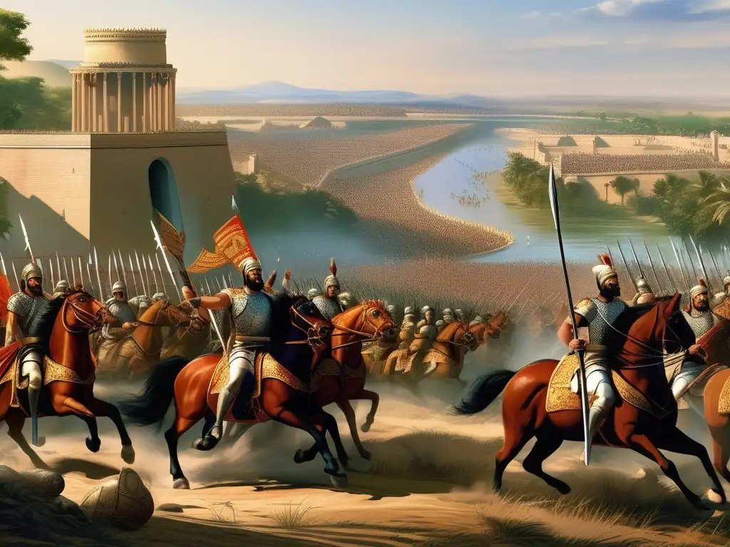 Batalla Río Hidaspes: Combate épico entre Alejandro Magno y el rey Porus, en las orillas del río, con ejércitos en feroz lucha