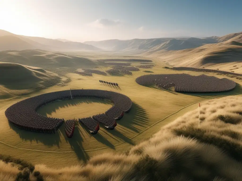 Tácticas de batalla de Alejandro Magno: vasto paisaje con soldados en formación, armaduras griegas, escudos de león y detalles meticulosos