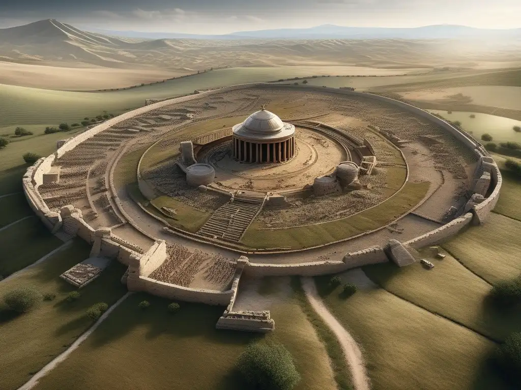 Influencia Guerras Médicas: Detallada imagen aérea de antiguo campo de batalla con ruinas y legiones romanas avanzando