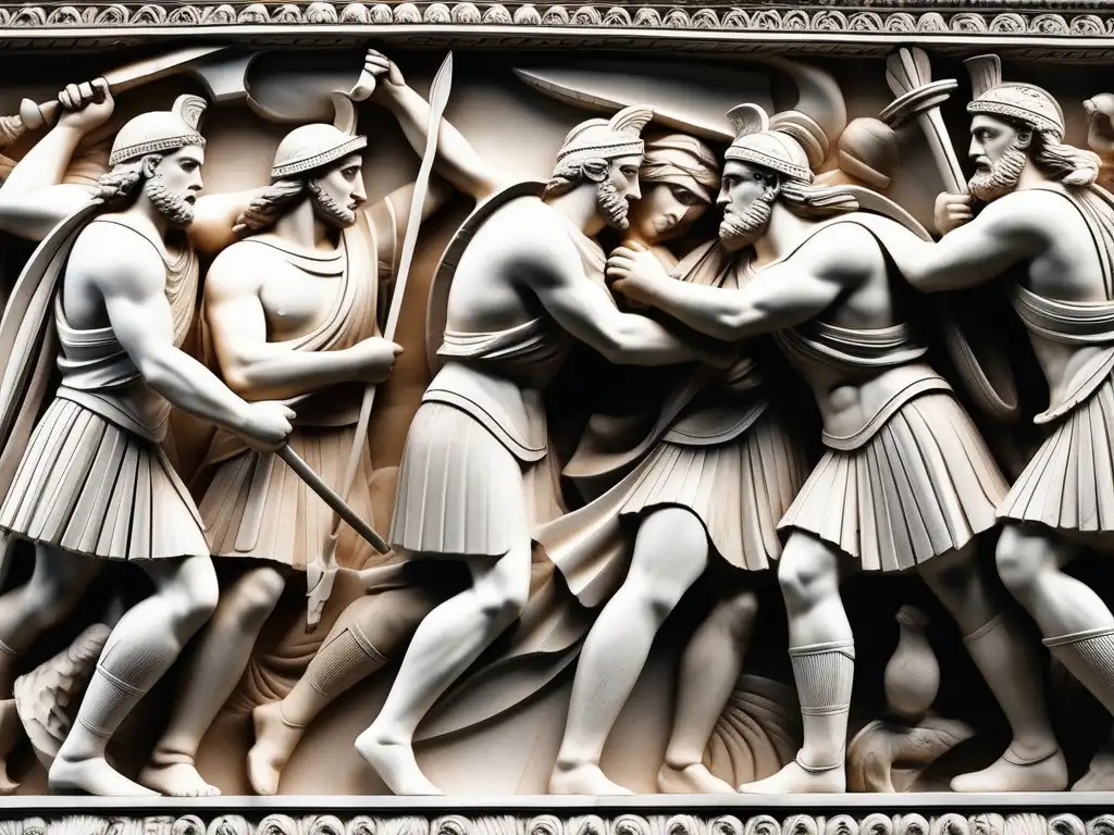 Influencia guerra en Grecia: Relieve de mármol del Partenón con guerreros en combate, detalle, fotorealista y minimalista
