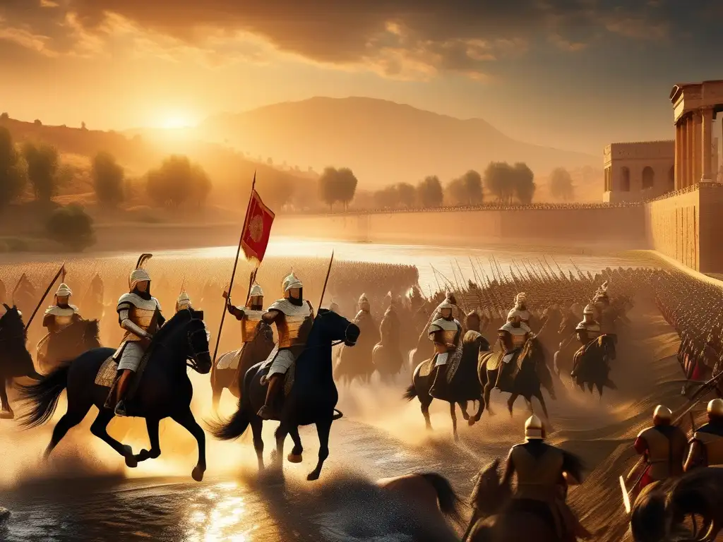 Batalla en el Río Hydaspes: Alexander el Grande lidera la carga de caballería hacia el ejército indio en un épico enfrentamiento