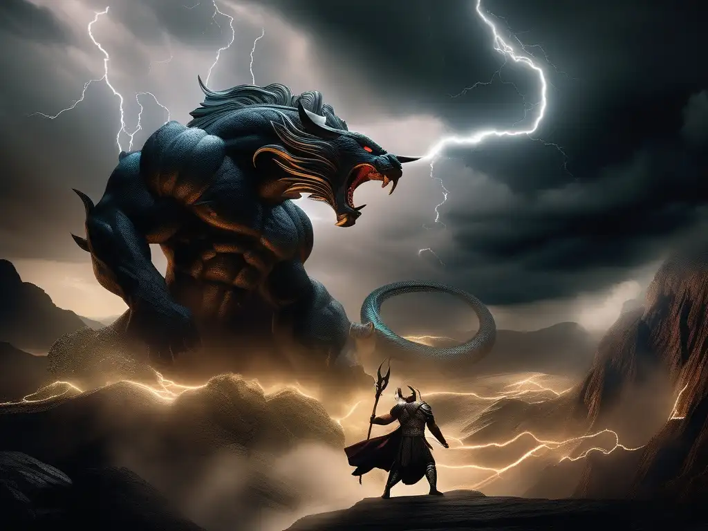 Interpretación simbólica serpientes mitología griega: Batalla épica entre Typhon y Zeus en una montaña tormentosa, con detalles impresionantes