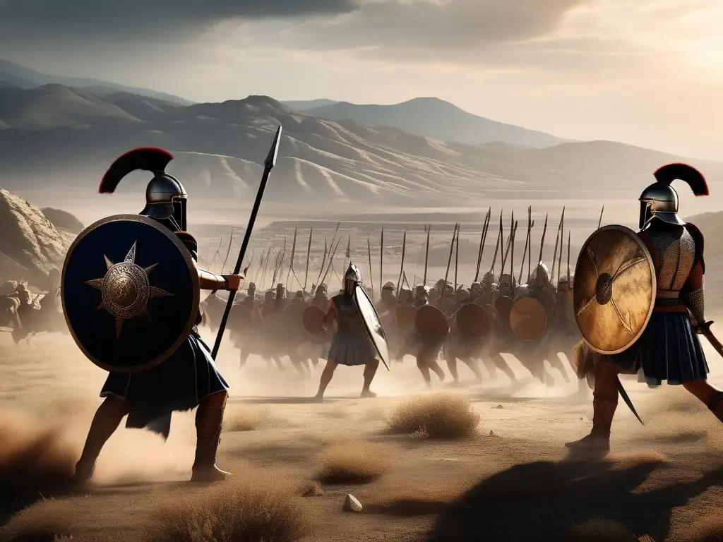 Mitología y guerra en Grecia: Batalla épica entre guerreros griegos y enemigos, con paisaje dramático y detalles minuciosos