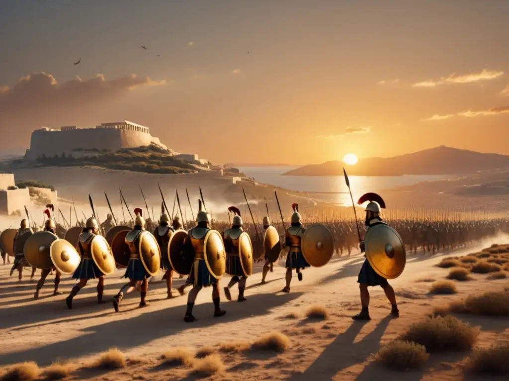 Mitología y guerra en Grecia: campo de batalla griego al atardecer con soldados, dioses y poder divino