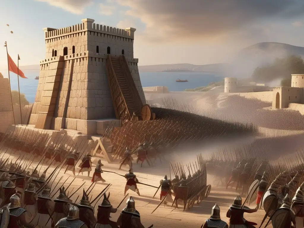 Tecnología bélica antigua Grecia: Imagen detallada de una batalla griega con armas de asedio, como una torre de asedio, una catapulta y un ariete