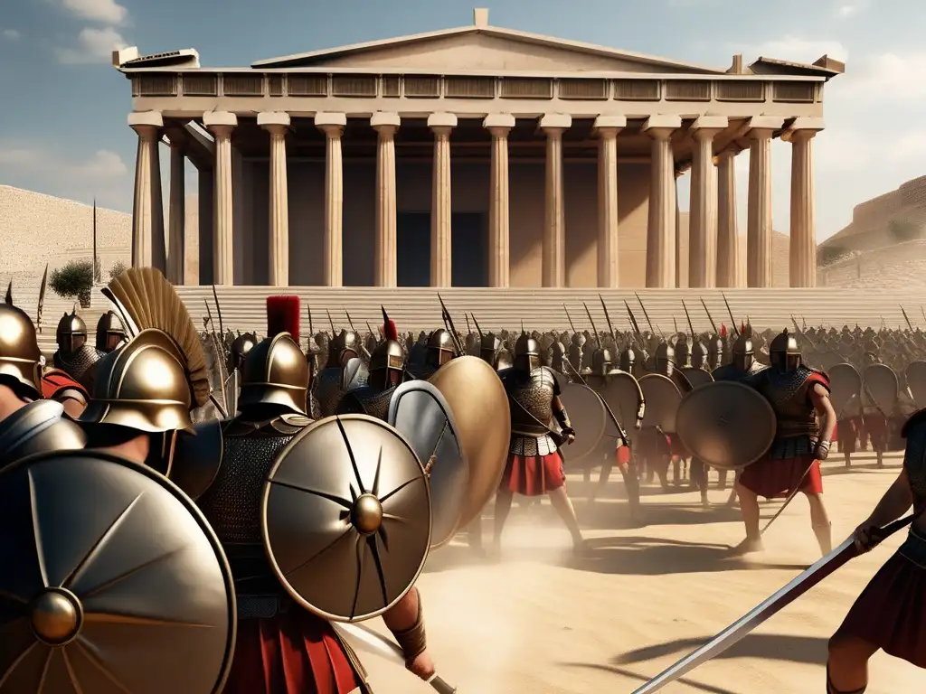 Batalla épica: Antigua Grecia a la actualidad Influencia estrategia militar guerra moderna: Batalla épica de soldados griegos y romanos, pasado y presente se fusionan