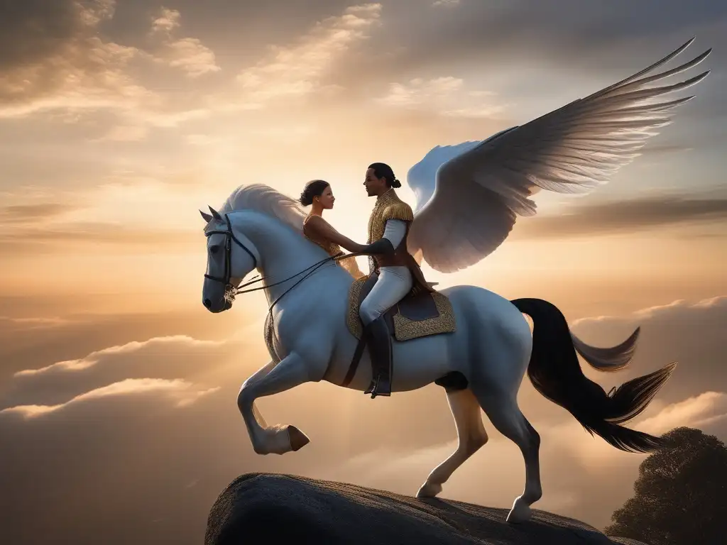 Historia de Belerofonte y Pegaso: Amistad indestructible entre ellos en una imagen fotorealista y minimalista