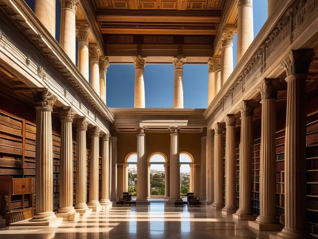 Influencia educativa de la Antigua Grecia en biblioteca grandiosa de Atenas, con columnas de mármol y carvings detallados