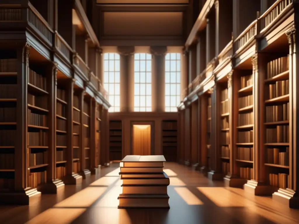 Biblioteca antigua con libros y texto griego Influencia cultural embajadas griegas: Biblioteca grandiosa con libros bellamente encuadernados y luz cálida filtrándose por altas ventanas