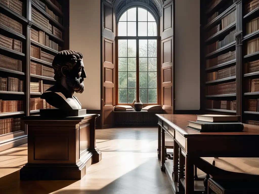 Biblioteca serena iluminada por luz natural, con libros antiguos, mesa de madera y busto de Aristóteles