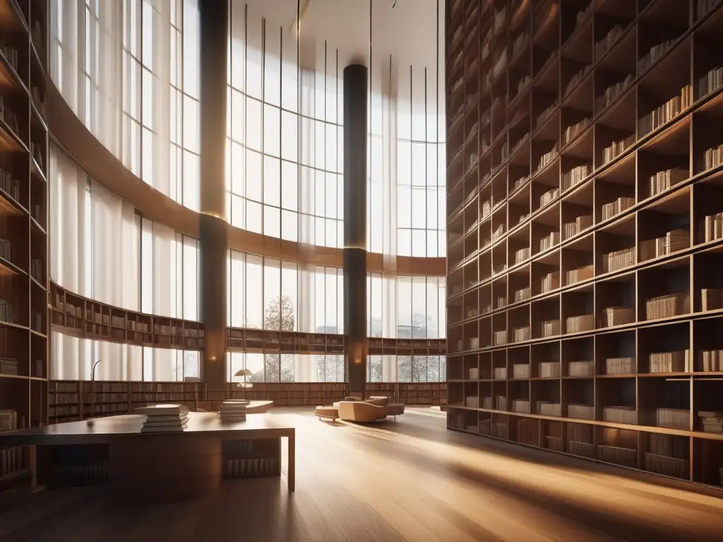 Biblioteca minimalista iluminada con luz natural, estanterías de madera y elementos helenísticos