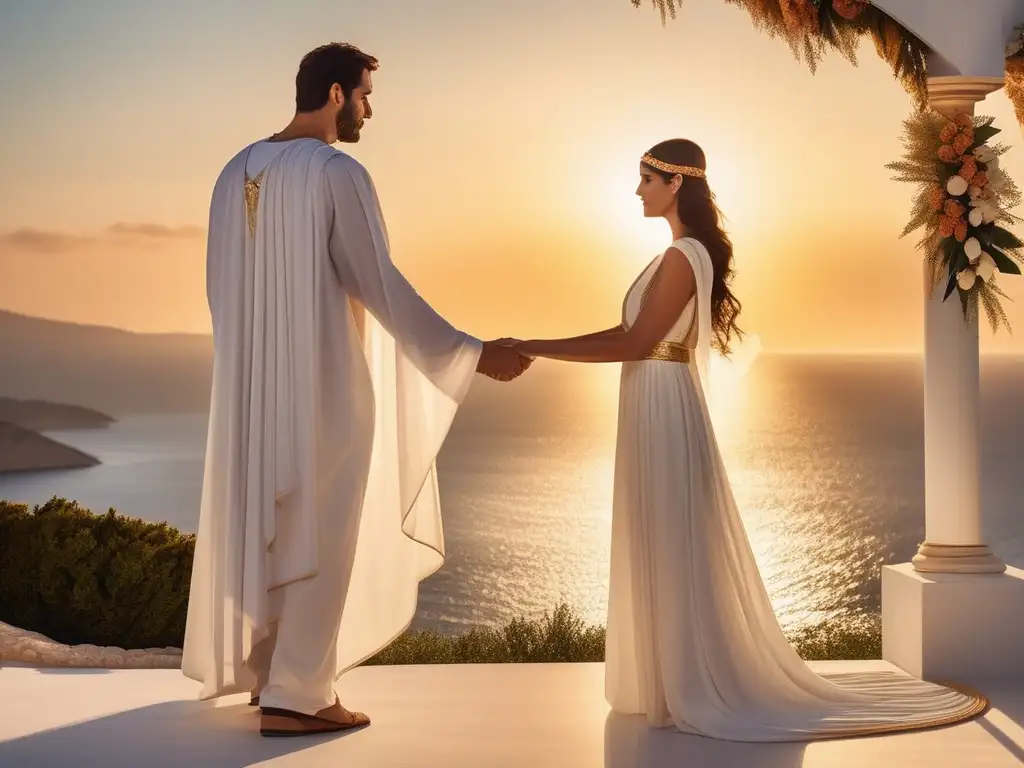 Boda en la Antigua Grecia: pareja en trajes tradicionales se casan al atardecer frente al mar Mediterráneo