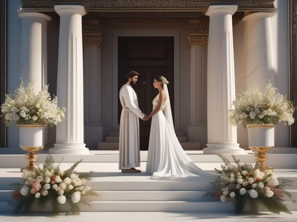 Boda griega en paisaje idílico Vida conyugal en la Antigua Grecia: Detalle de una boda griega, con novios, altar y paisaje