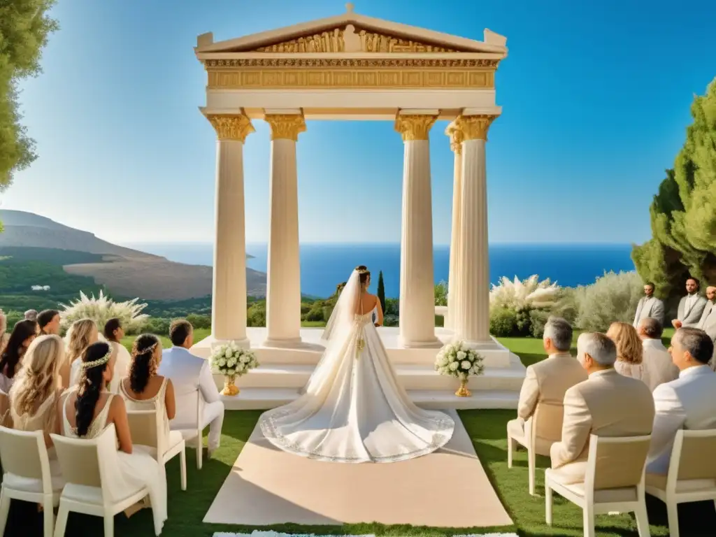 Alianzas matrimoniales en Grecia antigua: una ceremonia de boda griega en un templo, con paisajes verdes y cielo azul, novia elegante y novio regio