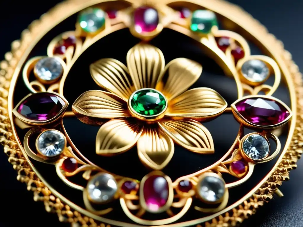 Broche antiguo griego con simbolismo oculto: flor de oro con gemas preciosas en terciopelo oscuro