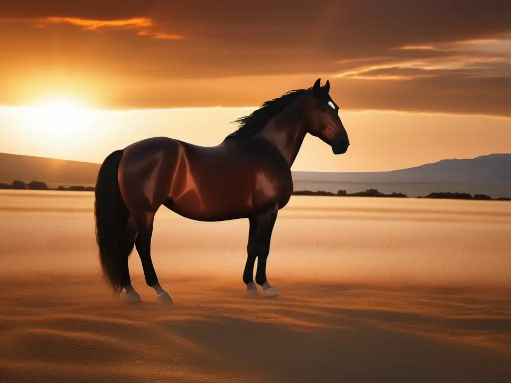 Bucéfalo, el leal caballo de Alejandro Magno, en campo abierto al atardecer