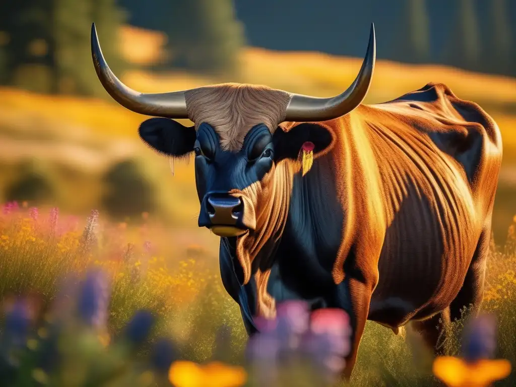 Significado del toro en Grecia antigua: Majestuoso toro en pradera con flores silvestres