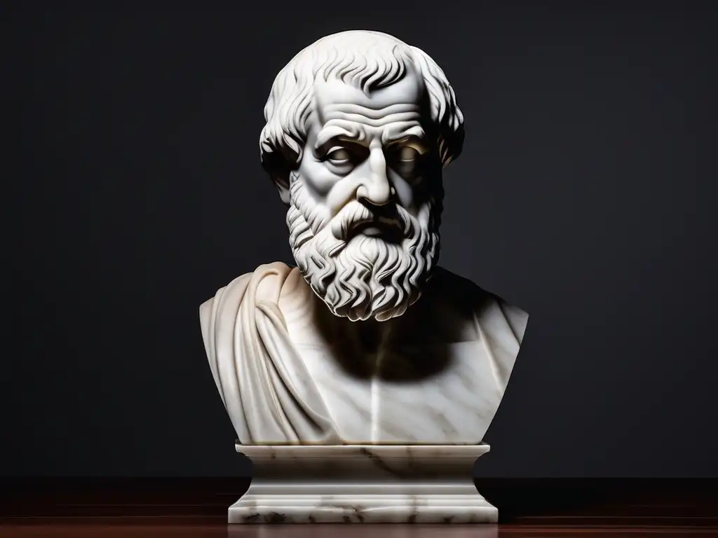 Importancia ética aristotélica: busto mármol Aristotle, detalles precisos, iluminación suave, sabiduría atemporal