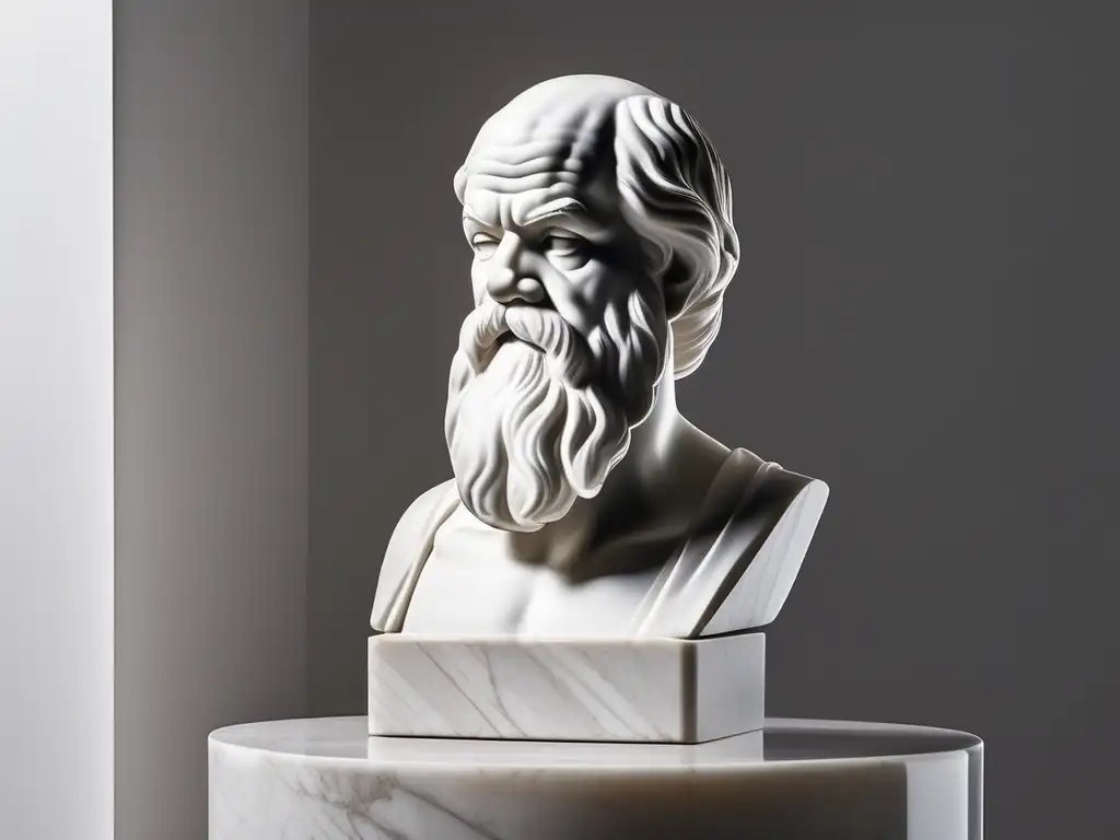 Filosofía helenística y legado de Sócrates: busto de mármol de Sócrates en pedestal blanco