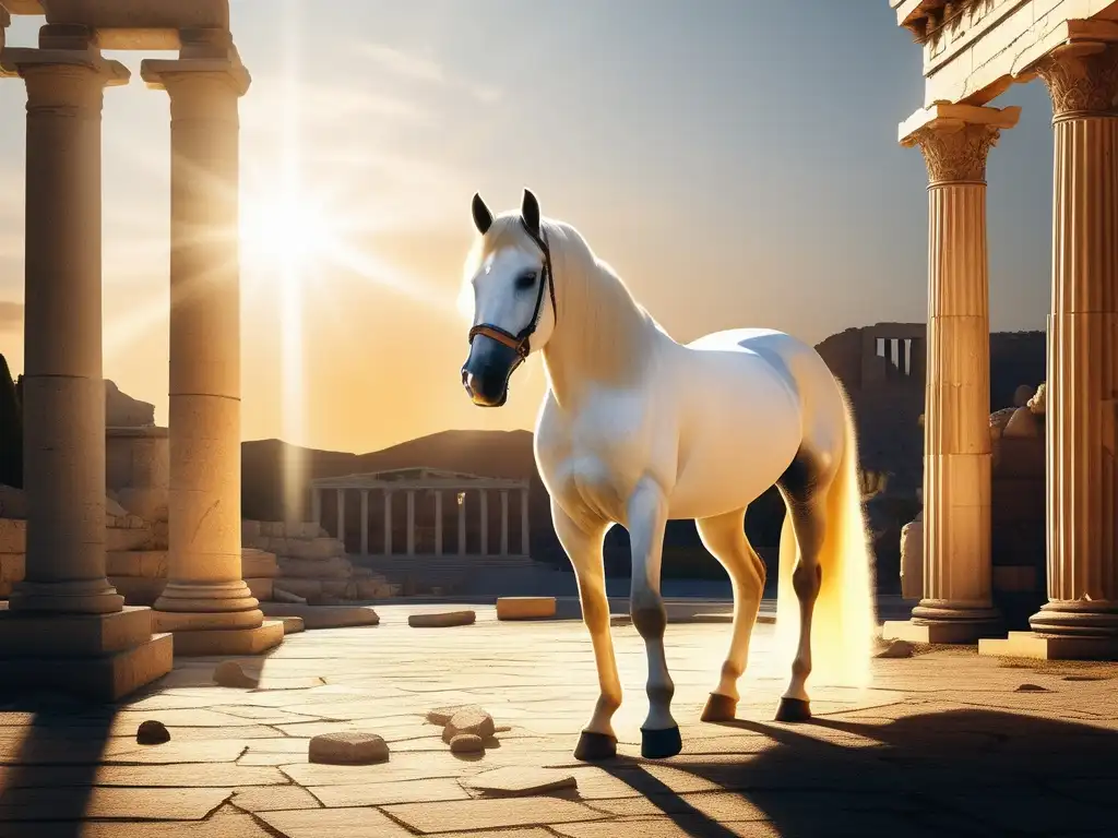 Influencia del Caballo de Troya en la historia, majestuoso caballo blanco en ruinas griegas