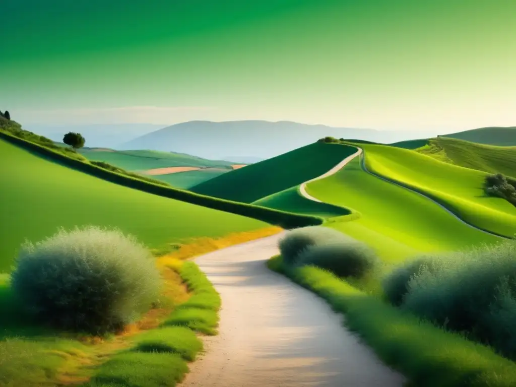 Camino medio y felicidad: sendero sereno y equilibrado en un paisaje verde, reflejando la ética aristotélica