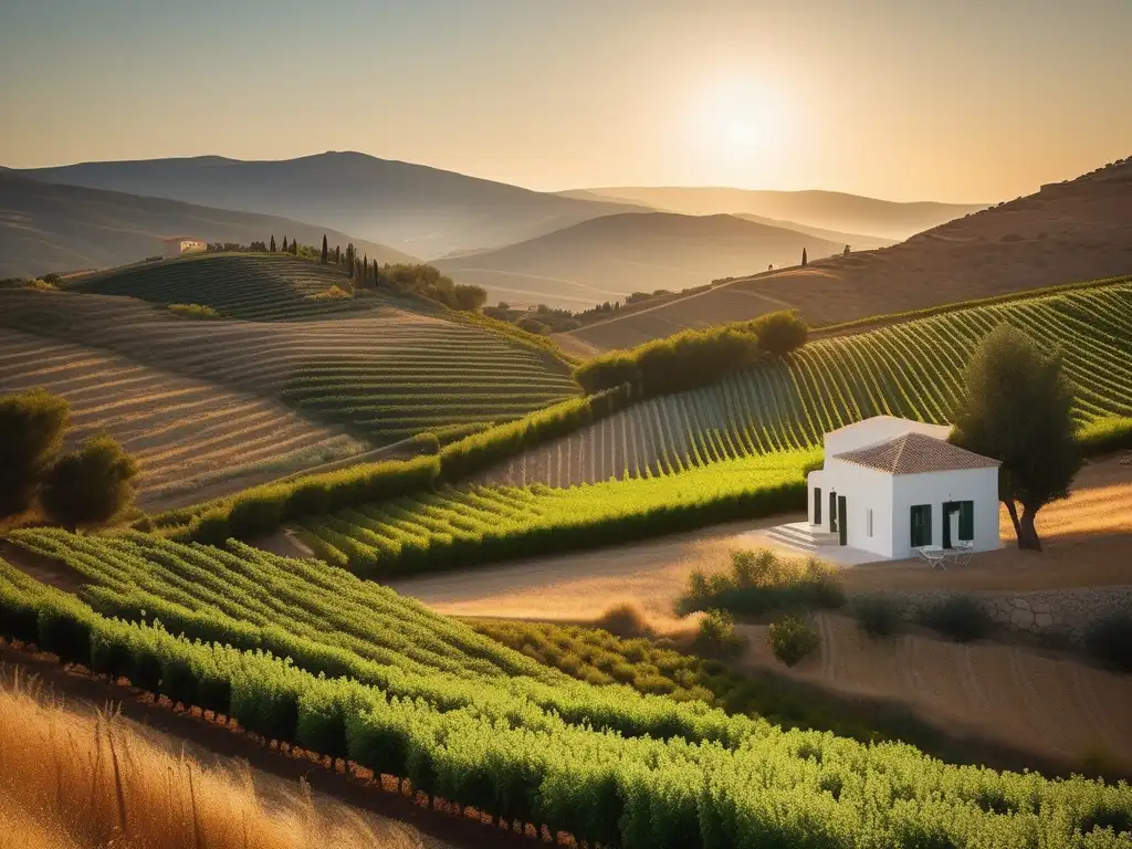 Agricultura en la Antigua Grecia: paisaje sereno, campos verdes, granjas tradicionales y técnicas agrícolas ancestrales