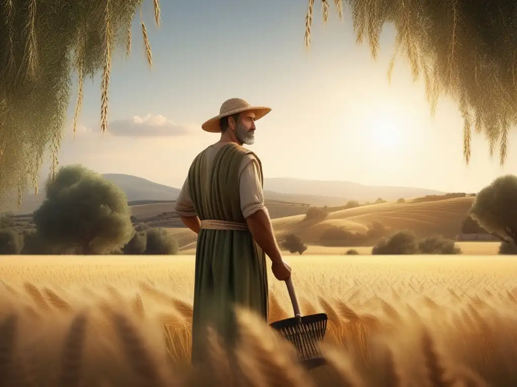 Agricultura en la Antigua Grecia: Granjero griego en campo verde, rodeado de trigo dorado, usando arado de madera y vistiendo atuendo tradicional