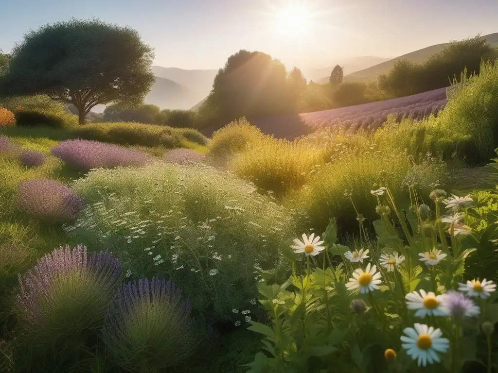 Dioscórides, herbolario antigua Grecia: Campo verde con hierbas medicinales detalladas y realistas, invitando a explorar la naturaleza curativa