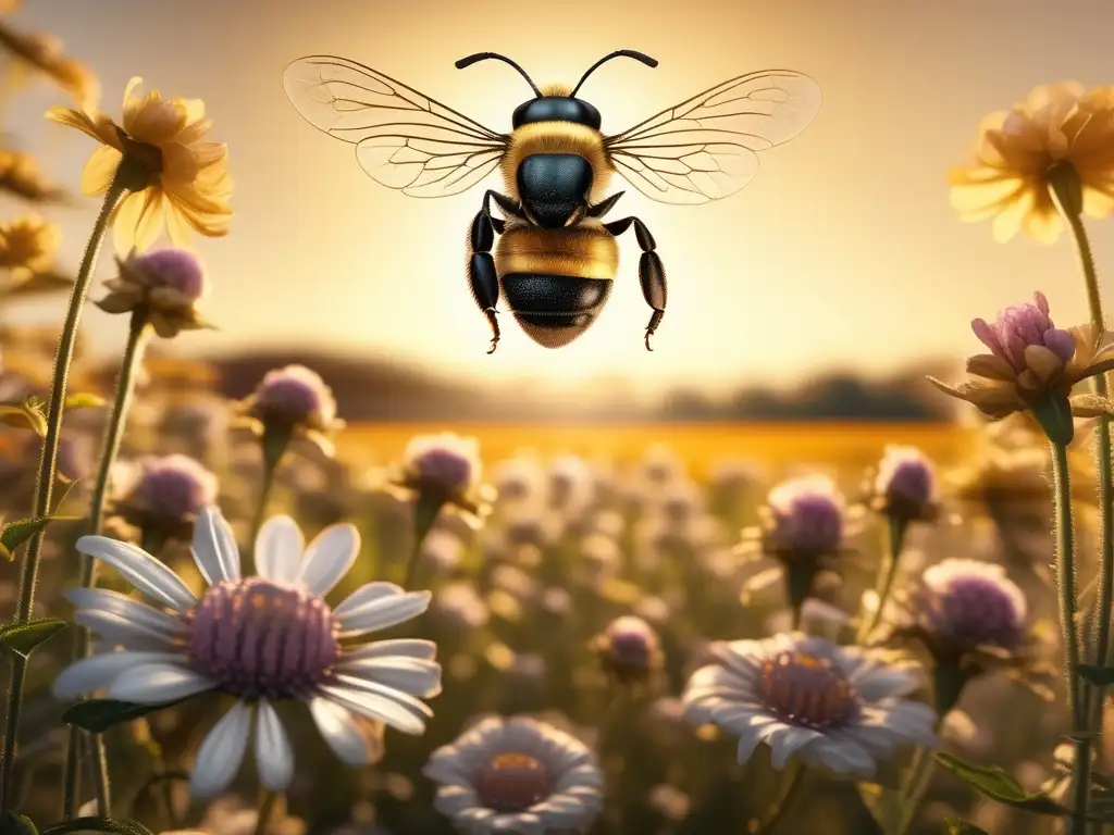 Significado simbólico de las abejas en Grecia: campo de flores con abeja volando