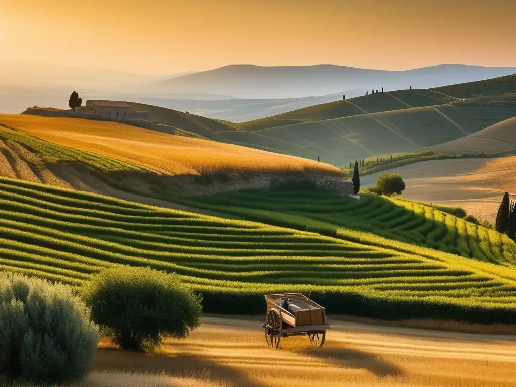 Importancia herramientas agrícolas en Grecia: vista panorámica de campo griego con agricultor tradicional, arado de madera y paisaje verde