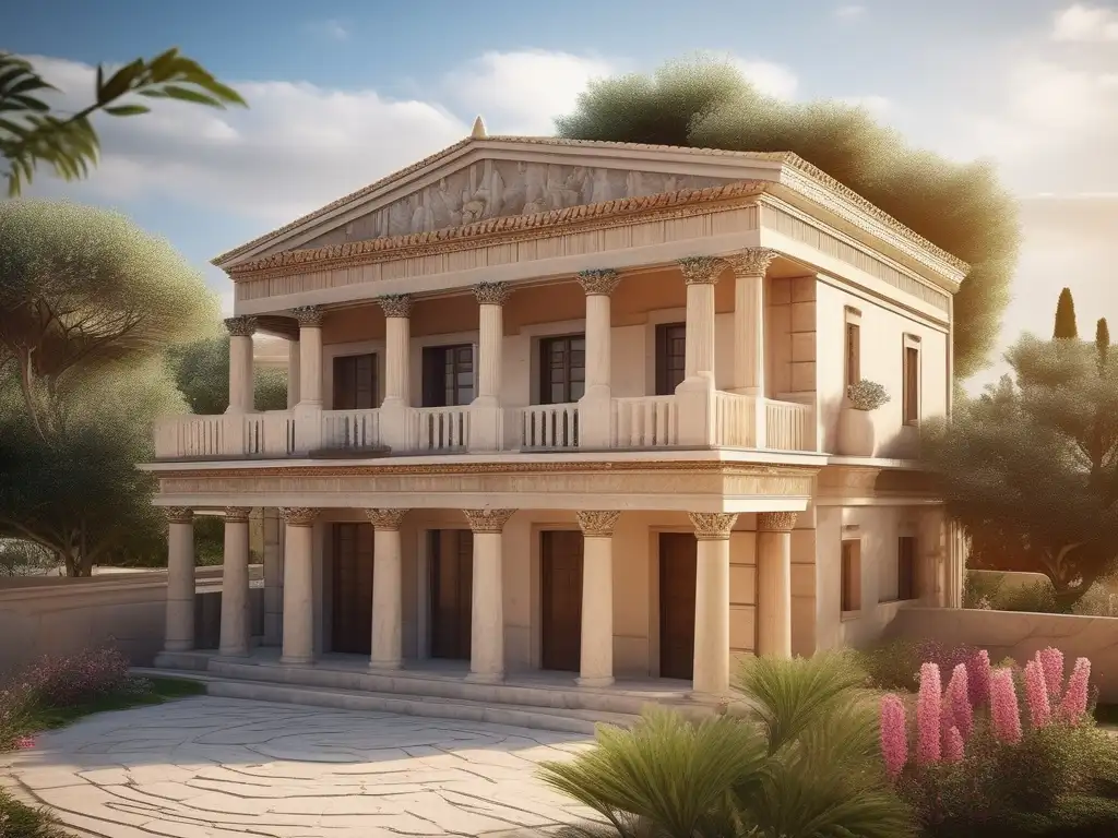 Casa griega antigua detallada en 8K, con diseño meticuloso y ley de propiedad en Grecia antigua