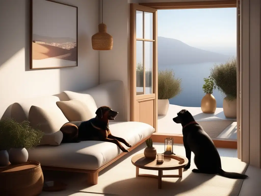 Convivencia animales domésticos Grecia: Acogedora imagen interior hogar griego con familia feliz rodeada de mascotas leales y enigmáticas