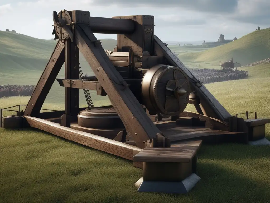 Tecnología bélica antigua Grecia: Catapulta en colina con soldados preparándose para batalla